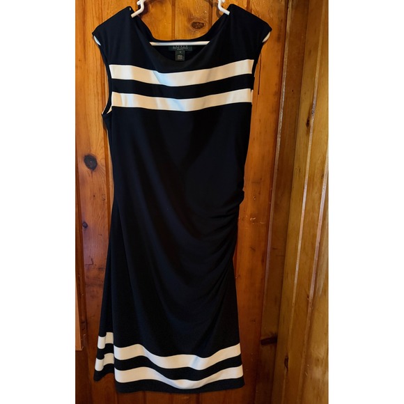 Lauren Ralph Lauren Black & White Striped Dress Ruched Sheath Cocktail Size 12 - Picture 1 of 5